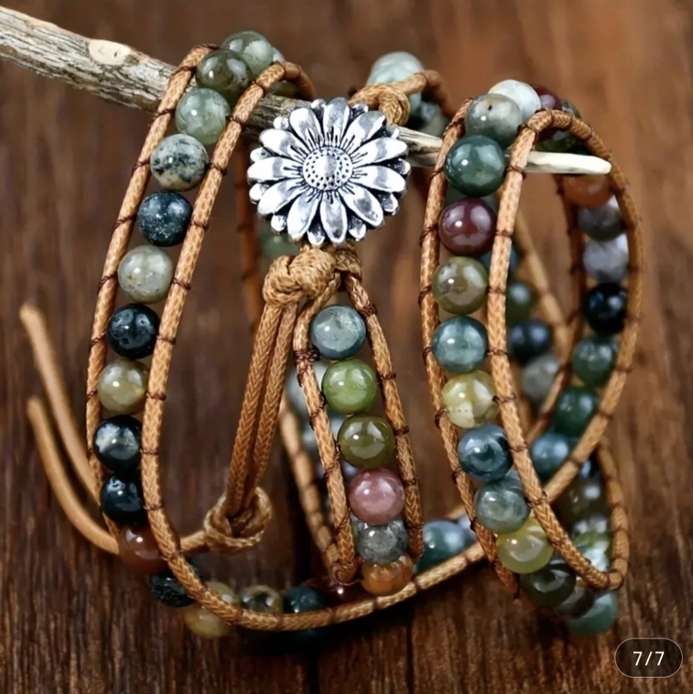 Wrap Bracelet Agate Stone Leather Boho 70s Style Jewelry Agate Natural Stone